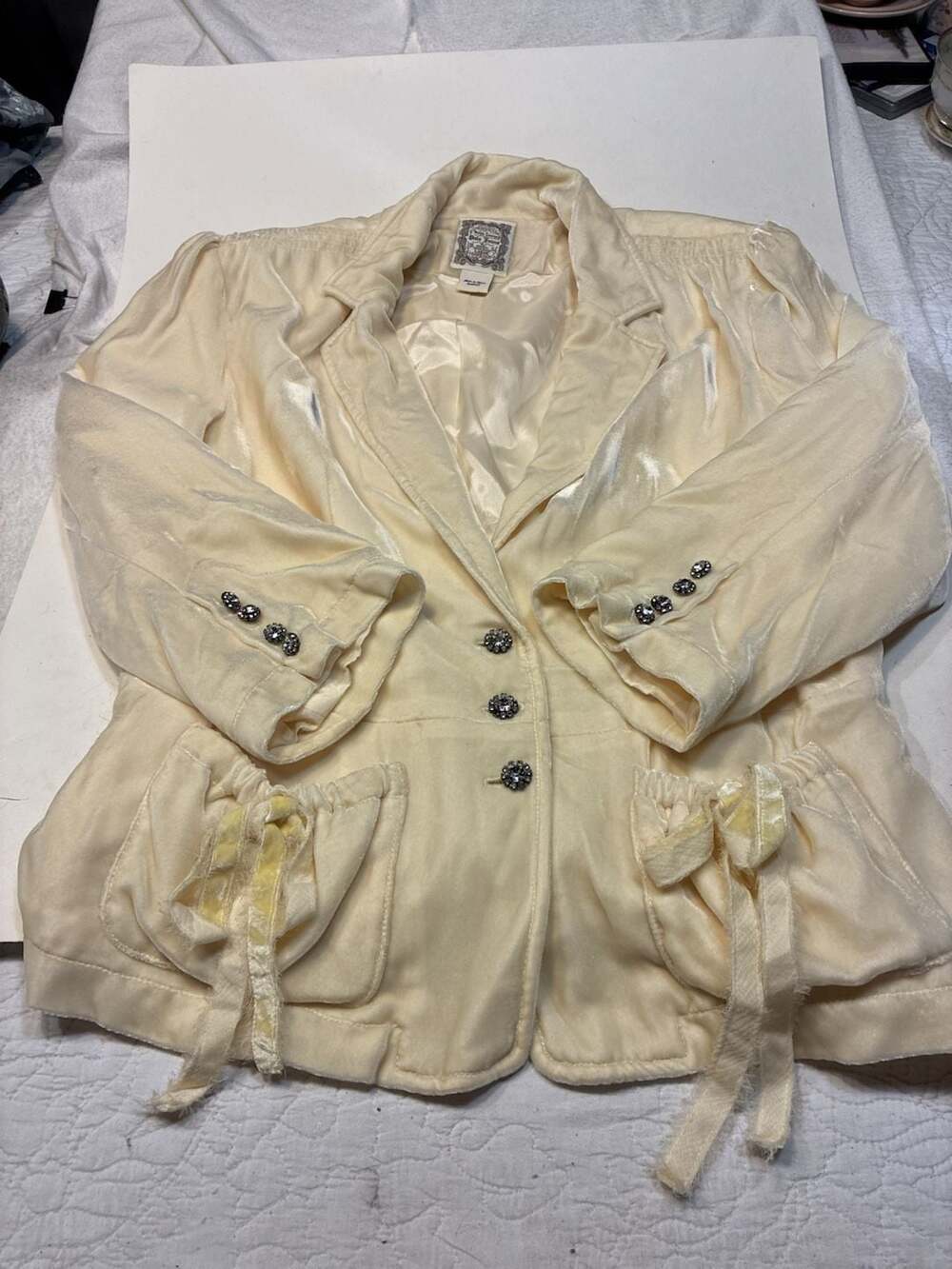 Polo Jeans Co. Ralph Lauren Velour Blazer Size L Cream Rhinestone Buttons